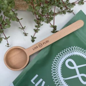 houten maatschepje eiwitpoeder Live Puri