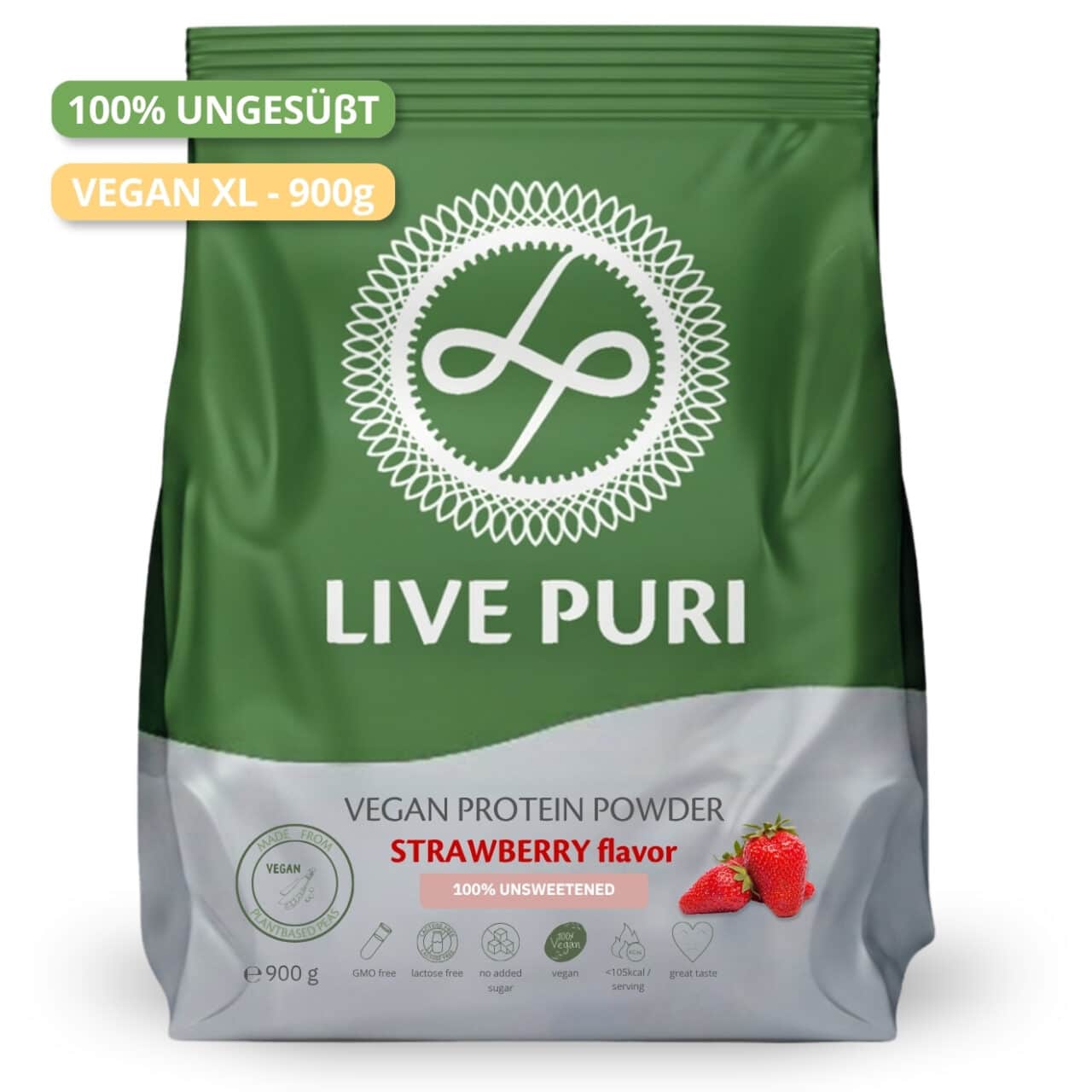 Live Puri eiwitpoeder Vegan Aardbei Ongezoet XL donker DE
