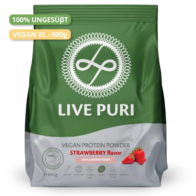 Live Puri eiwitpoeder Vegan Aardbei Ongezoet XL donker DE