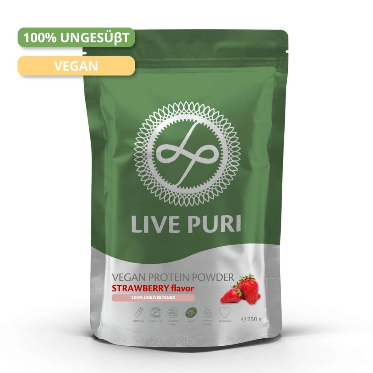 Live Puri vegan aardbei ongezoet eiwitpoeder 250g DE